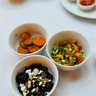 3 salads, carrot, tomato and cucumber, and beet