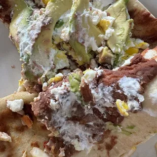 1 Baleada (flour tortilla filled w refried beans, Honduran cream, sliced avocado &amp; hard boiled egg, crumbled farmer cheese