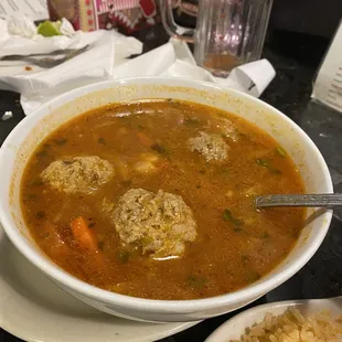 Albondigas (Turkey meatball soup) AMAZING!!!!!!! Savory, spicy, flavorful. Didn't need to add anything to it! I love this place