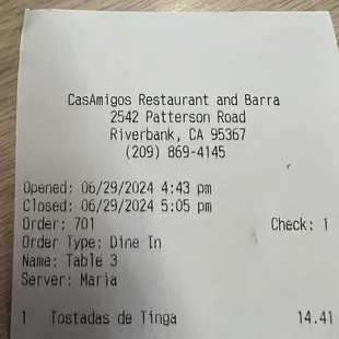 Receipt with restaurant info