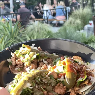 a hand holding a plate of food