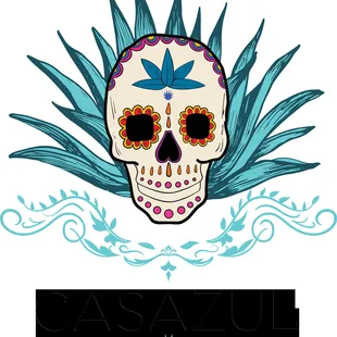 a sugar skull with blue leaves