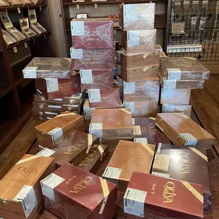 stacks of cigars on a table