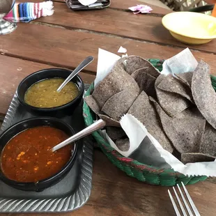 Blue Corn Chips - green and red salsa. Red is spicier. Both are delicious. Green was my favorite.