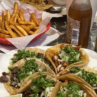 THE FAMOUS QUESA BIRRIA TACOS, Papas Fritas, Steak Tacos, Al Pastor Taco, Barbacoa Taco, Chicken Taco, and Carnitas Taco.