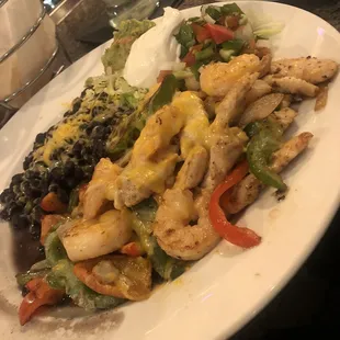 Fajitas Combo~Steak Chicken Shrimp Onion Rd Gr bells Cilantro rice Black bean Pico de Gallo 25.95 @CASCADA Placerville Fri 12/16/22