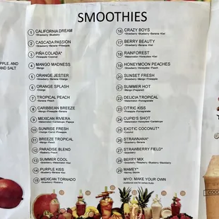 Smoothie menu