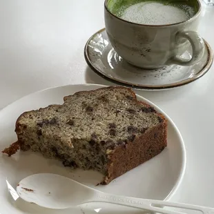 chocolate banana loaf + matcha latte w/ oat milk