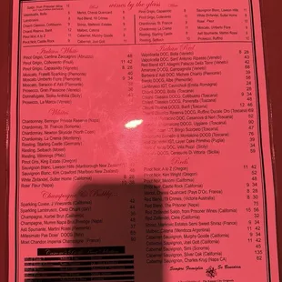 Back side of menu with wine List