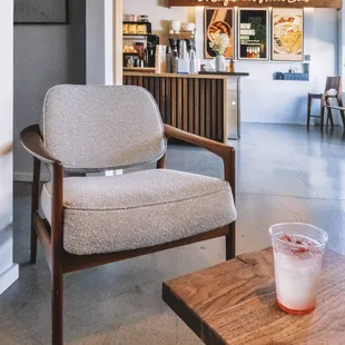 a chair and a table in a coffee shop