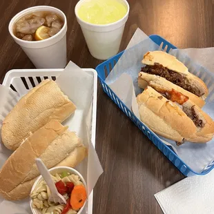 Full size Chicken Salad with small pasta salad and iced tea/ Cheese steak with a lemonade