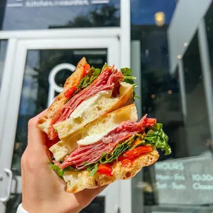 a person holding a sandwich