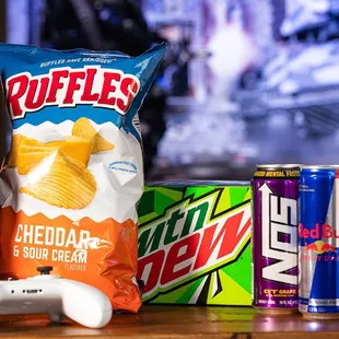 a variety of snacks and drinks