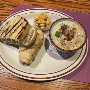 Tuna melt with clam chowder