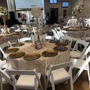 Tables, chairs, linen rentals. Call today.