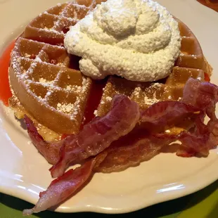 Strawberry Waffle with Bacon- very tasty waffle but you can skip the bacon