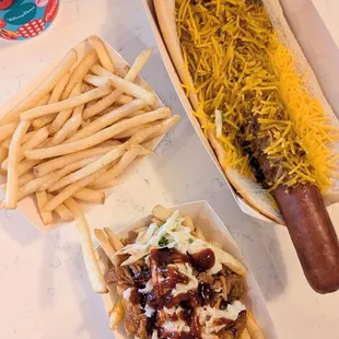 A Foot Long Chili Cheese Hot Dog &amp; Chipotle Buffalo French Fries