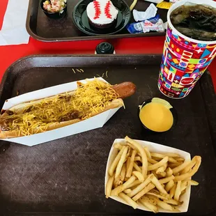 Chili-cheese All-beef Foot-long Hot Dog with French Fries, Cheese Sauce, and a Coca-Cola®