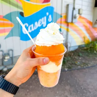 Medium snow cone with pumpkin syrup (seasonal flavor), cheesecake stuffing, and whipped cream ($9.25 for regular or $10.00 for sugar free)