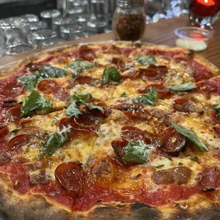 Pepperoni with basil, hot honey &amp; bacon