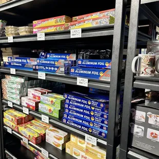 a grocery store shelf filled with food