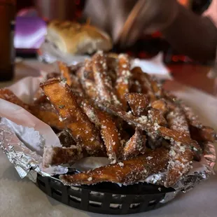 The Basket Case. Can you tell we liked the sweet potato fries. White potatoes are an option.