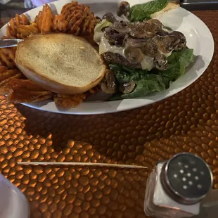 Mushroom burger and sweet potato fries.