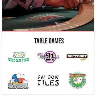 Table Games - Pure 21.5 Blackjack, Three Card Poker,  Baccarat Gold 1.0, Ultimate Texas Hold'Em, Pai Gow Tiles, Pai Gow Poker.