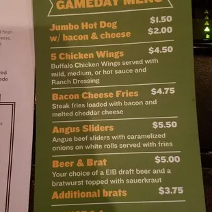 Gameday menu