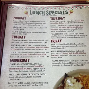 Lunch specials menu