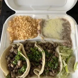 3 taco combo with steak. Comes with a drink and tortilla chips for a little over $17