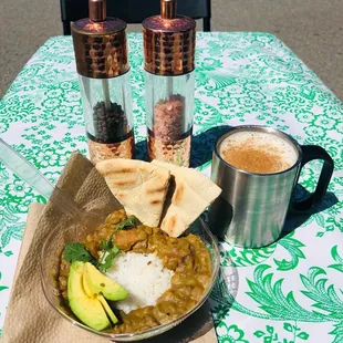 Lentils, curry over rice , vegan chai