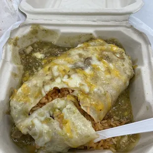 Wet Green Carne Asada Burrito with rice, no beans!