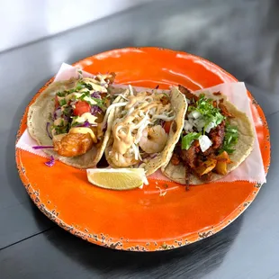 Fish, shrimp, pastor's taco
