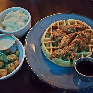 Chicken and waffles with fried okra and whipped potatoes