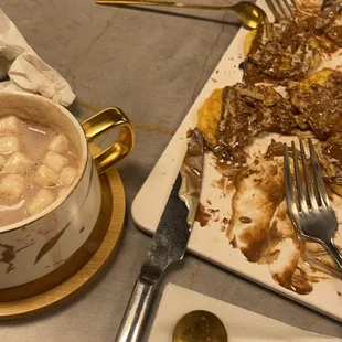 a plate of food and a cup of coffee