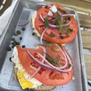 Smoked salmon bagel with egg subbed for the lox