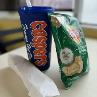 Casper promo cup 99 cent refills, Lays potato chips and one of the two Casper dogs I ordered.