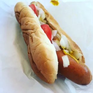 Casper dog with mustard, tomato, and onions.