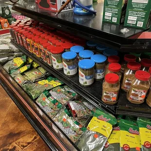 a display of spices and seasonings