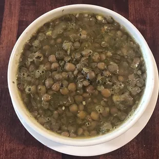 Lentil soup! Delicious! Hearty, filling, warming, well-cooked, well-spiced and everything good you want a soup to be! :-D