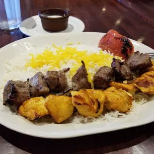 Lamb and chicken kabob combo with rice