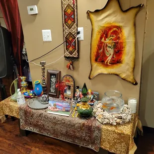 a table covered with items