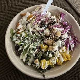 Brown Rice, Chicken Shawarma, Cabbage, Mixed Greens, Hummus, Chick Peas, Sweet Potato, Garlic Sauce