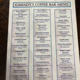 Coffee menu