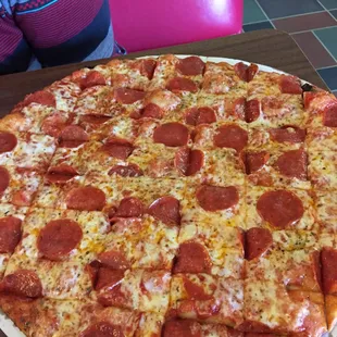 Large pepperoni pizza. Not as good as other Cassano's locations because the crust wasn't salted!