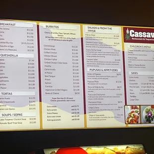 Electronic menu where the middle two elements rotate. Burritos and salads shown here.