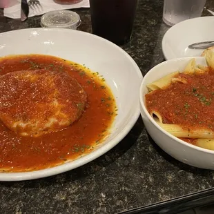 Veal Parmesan with a side of penne