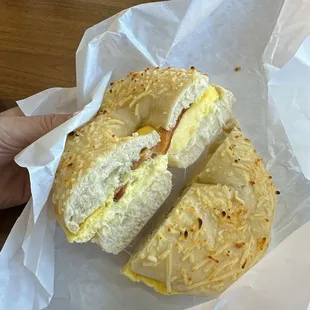Asiago bagel with egg and bacon