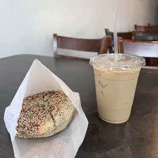 5/27/2022 everything bagel w/ signature sweet butter cream cheese + signature iced 4-2-1 coffee